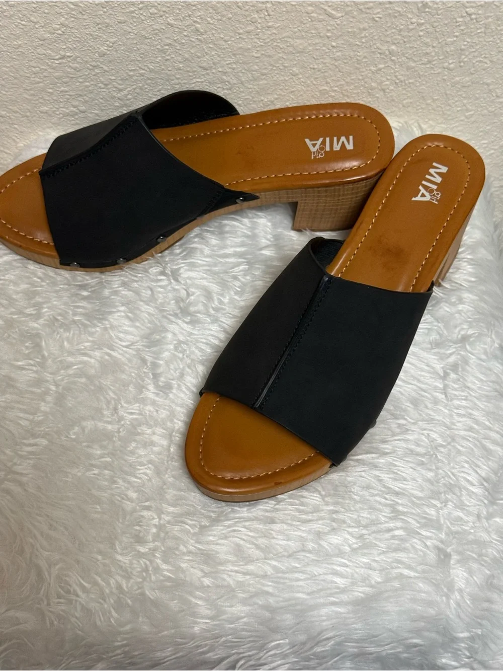 MIA Black Slide Sandals with Wood-Look Block Heel
